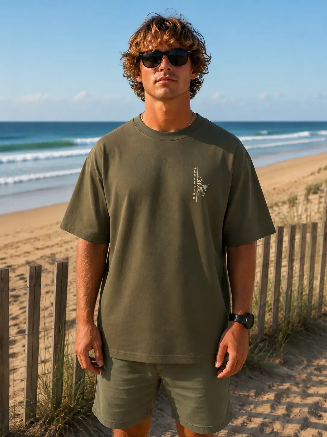 Skullwave Store T-shirt Oversize Homme T-shirt Oversize Sunset Skull Kaki | Surf Hossegor