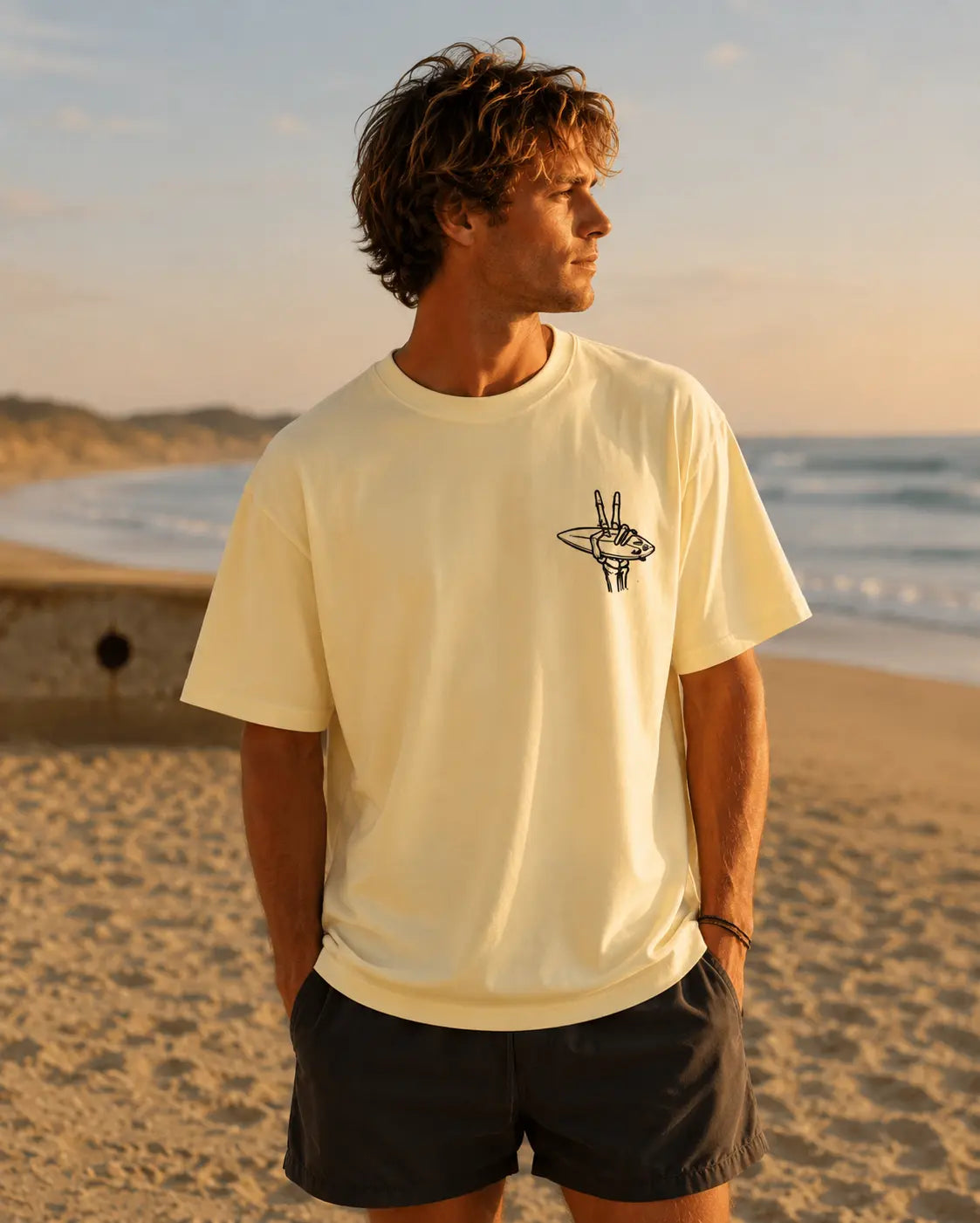 Skullwave Store T-shirt Original Homme T-shirt Surf Oversize Landifornia Jaune Pastel - Coton Bio 230g | Skullwave Hossegor